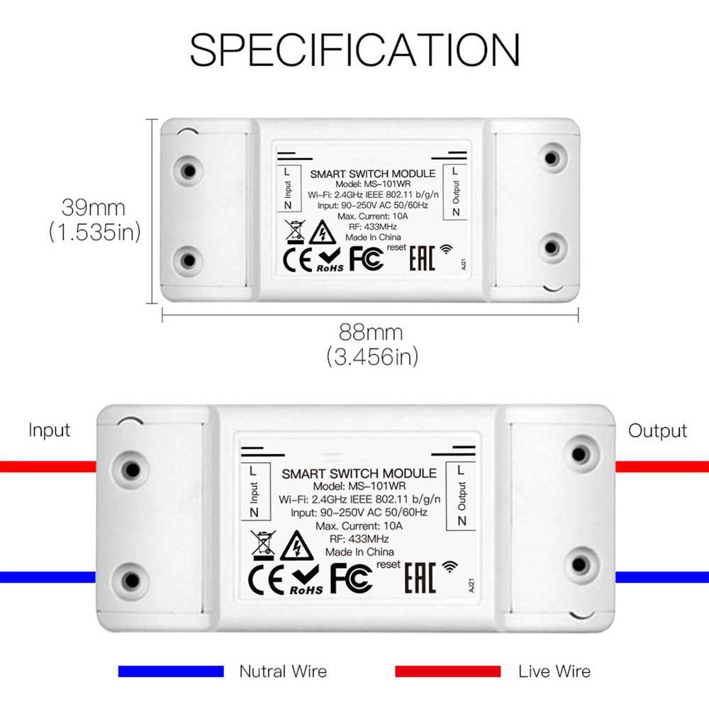 Interruttore WIFI 2.4G + RF 433MHz 10A TUYA, Smart Life 10A AC 90-250V 50/60HZ 2200W