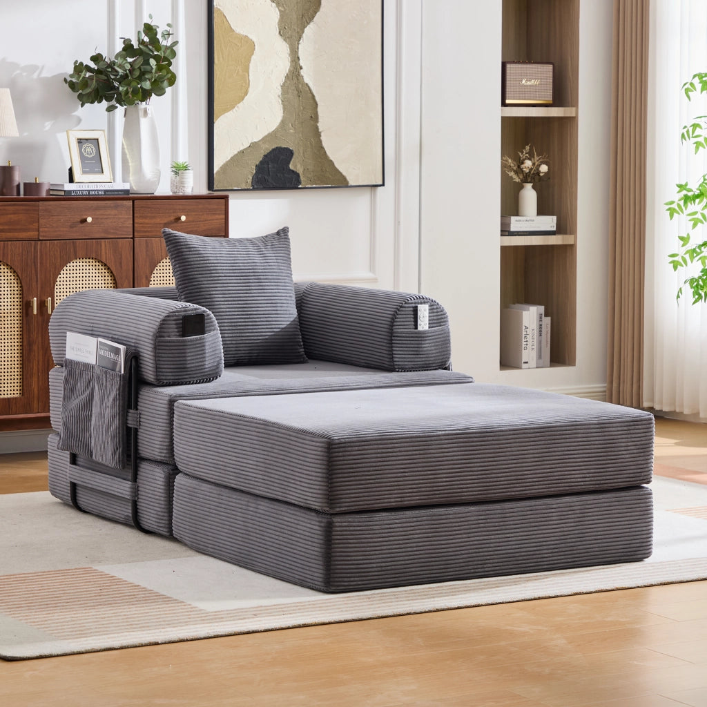 Divano modulare in velluto a coste grigio scuro 112x190x67 cm con pouf e tasca laterale