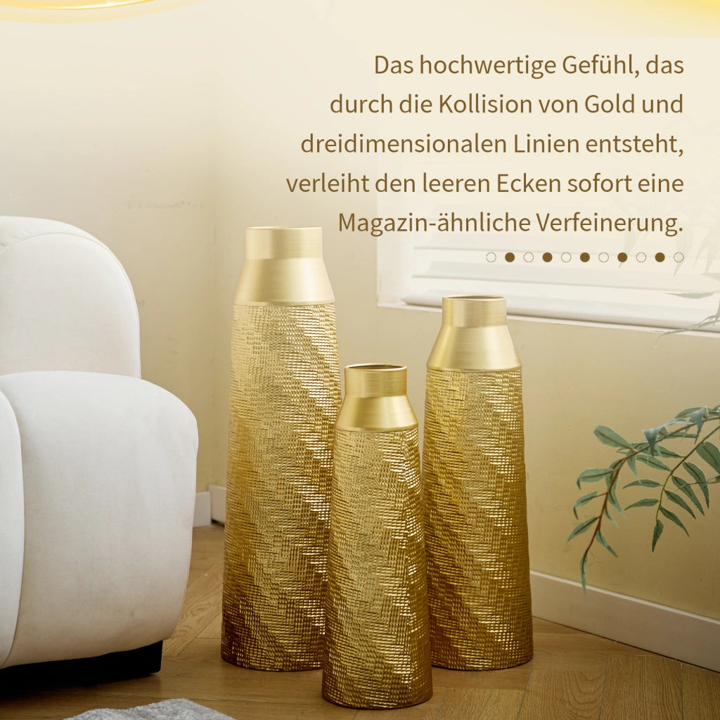 Vaso decorativo da pavimento set di 3 con texture lavorata a mano salvaspazio per interni in metallo oro e bianco