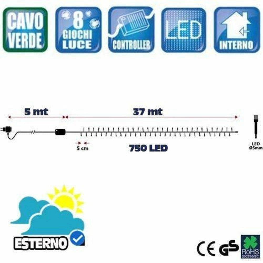 Trade Shop - Catena Luminosa 750 Luci Led Lucciole Bianco Caldo E Rosso Controller 8 Funzioni -