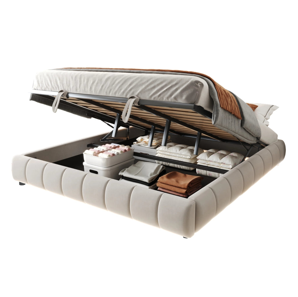 Letto imbottito con sollevamento idraulico, LED integrata e vano contenitore