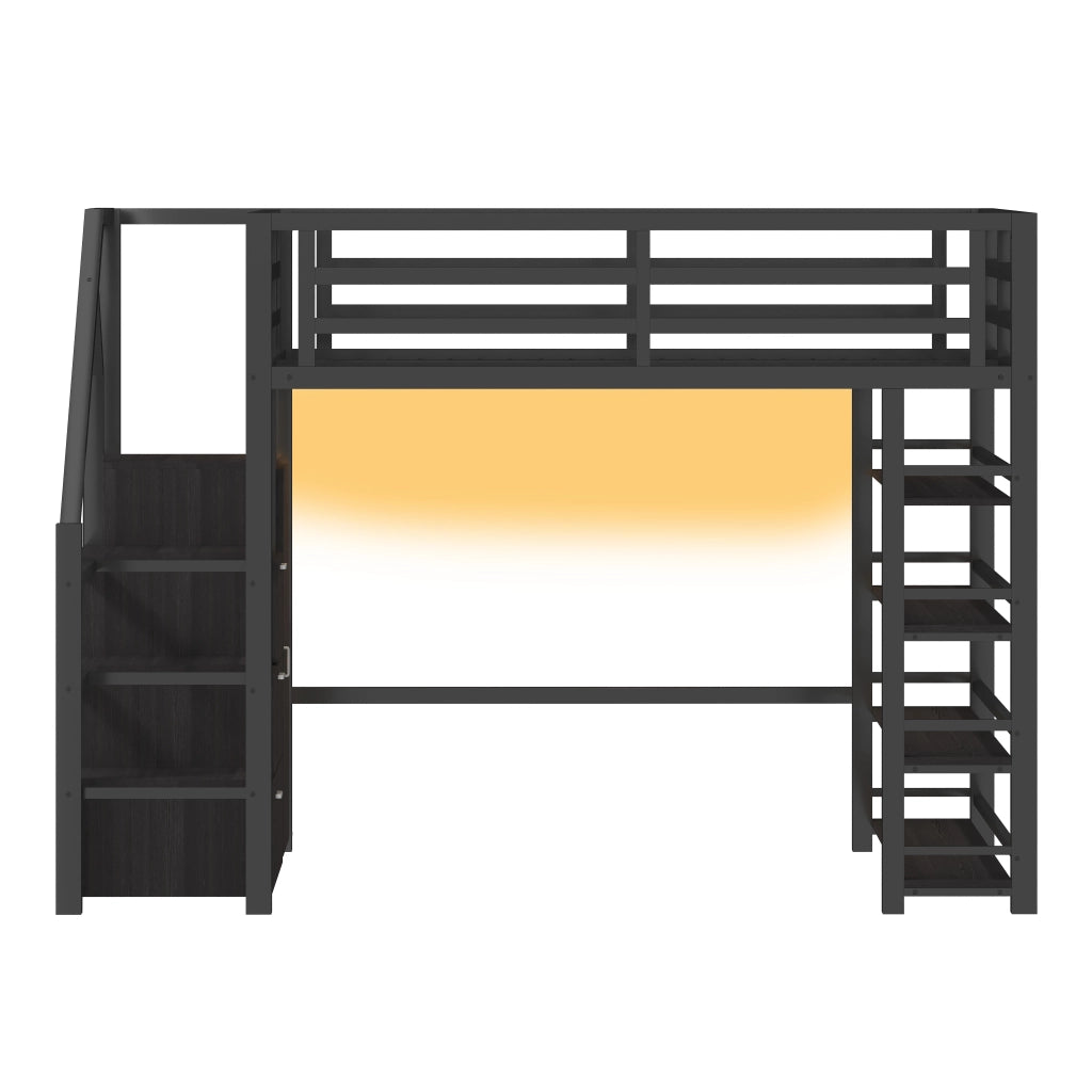 Letto a soppalco in metallo 140x200 cm con armadio; libreria; scala contenitore e LED; nero
