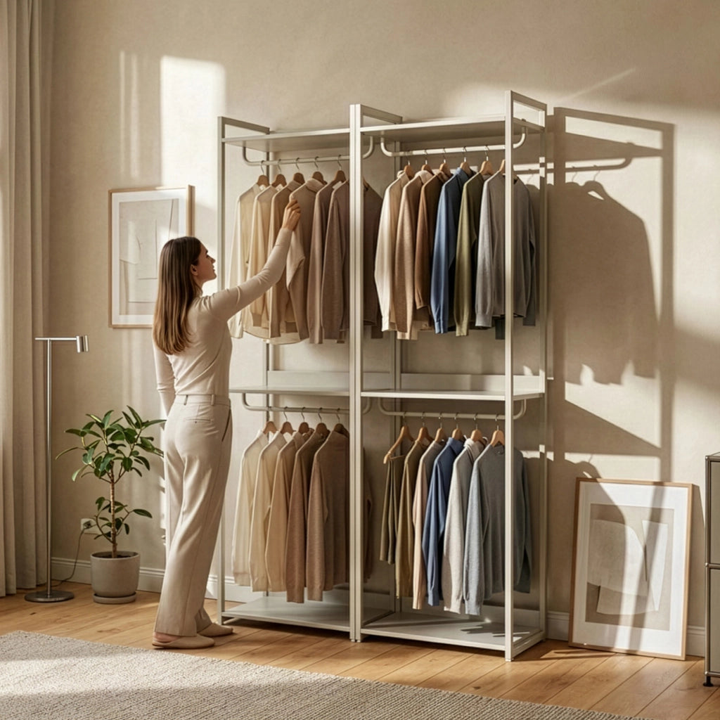 Stand Appendiabiti Jässaatka in Acciaio con Doppia Asta e 3 Ripiani 200 x 61 x 40 cm - Grigio [en.casa]