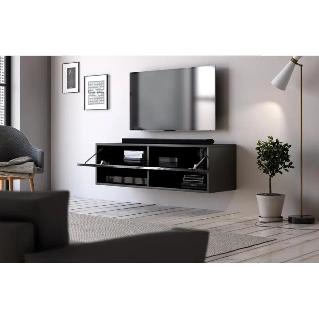 Mobile porta TV sospeso design CLUJ, 100 cm, 1 anta e 2 vani, colore nero e nero lucido.