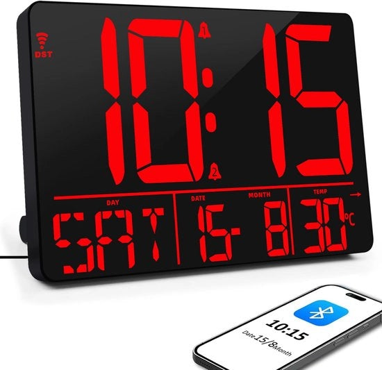 Wandklok digitale grande, calibrazione oraria automatica, orologio digitale 13'' con display LED, orologio da parete con ora/data/temperatura/timer/alarme (connessione Bluetooth)