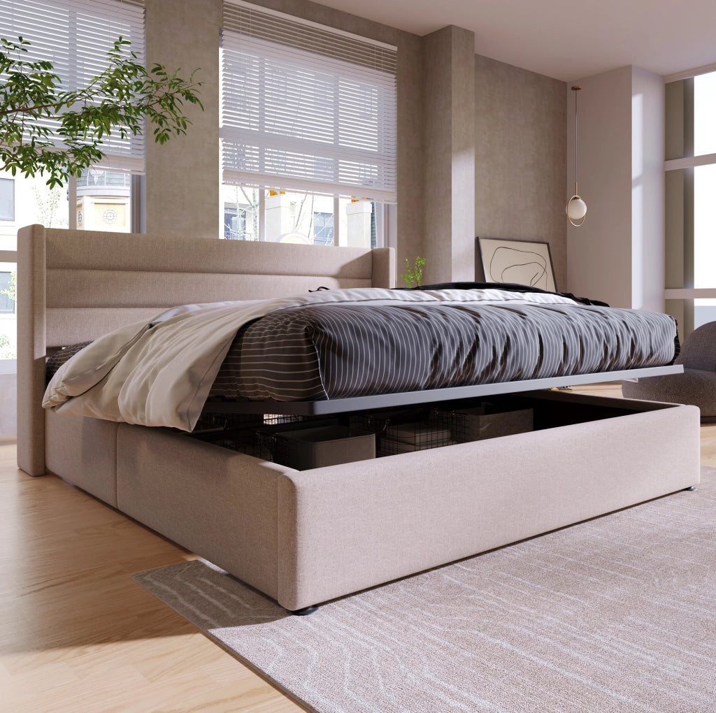 Letto matrimoniale contenitore 180x200 cm in lino beige
