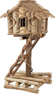 Casa per uccelli in legno non trattato su base standard - realizzata a mano con scala - espressione naturale