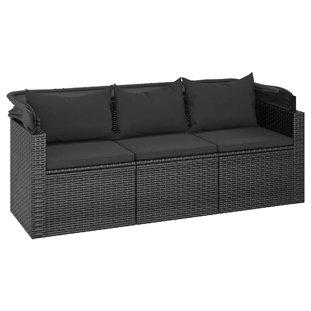 Divano Giardino 3 Posti con Tetto e Poggiapiedi-Sofa da Giardino-Divanetto da esterno Nero Polyrattan