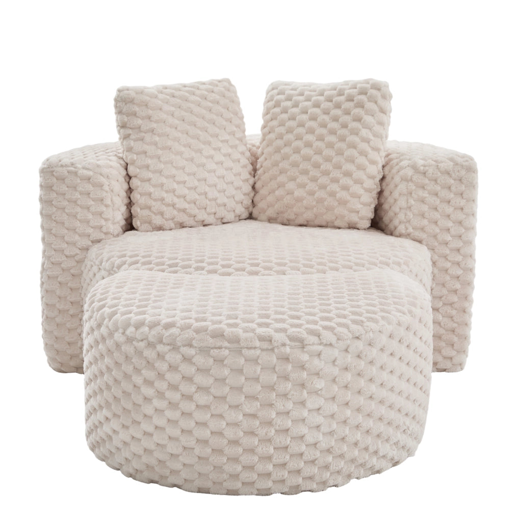 poltrona con pouf 360Â°; forma a mezzaluna; seduta ergonomica; in tessuto beige
