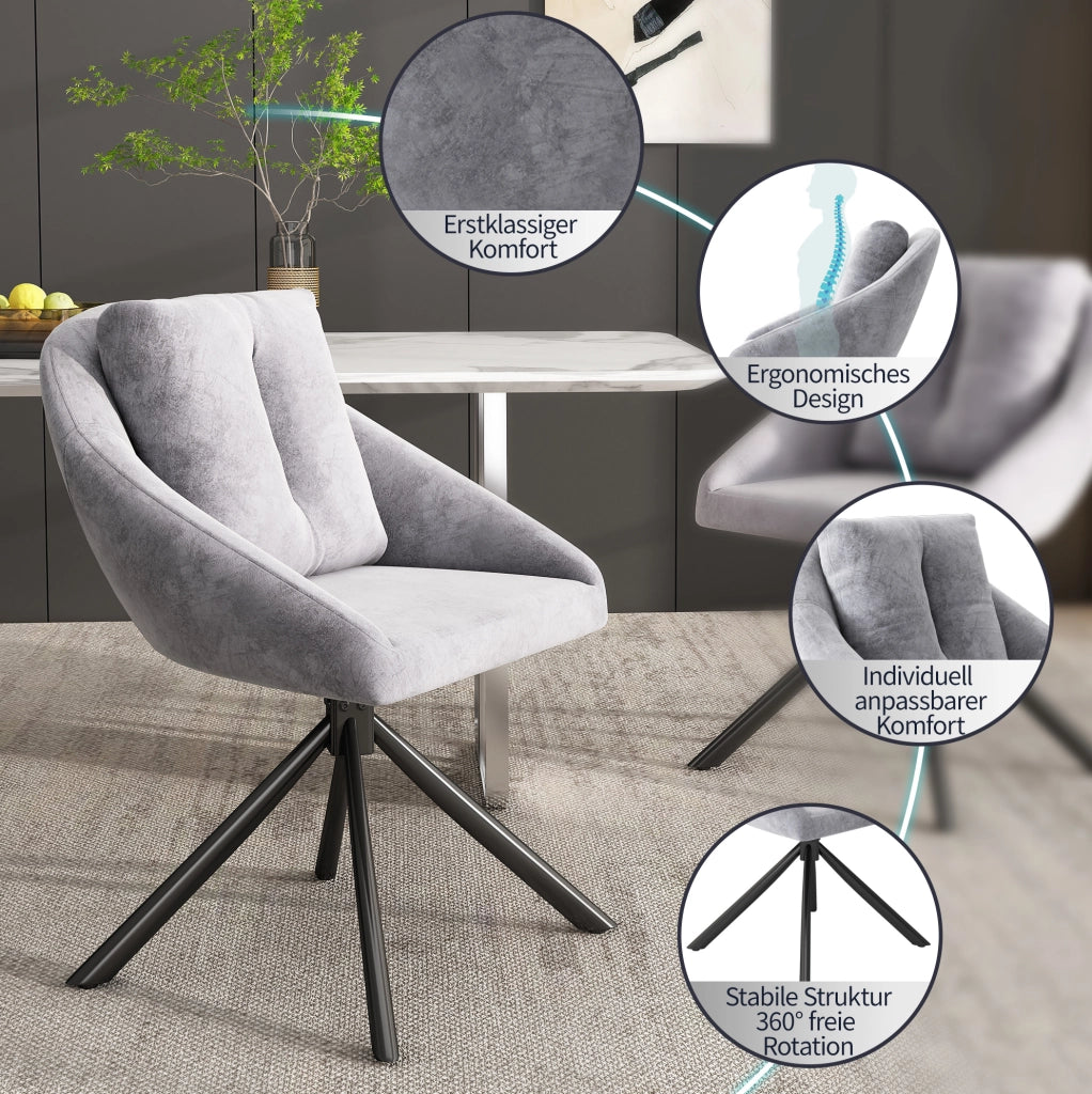 Set di 2 sedie girevoli da pranzo in velluto grigio; ergonomiche; con base in metallo