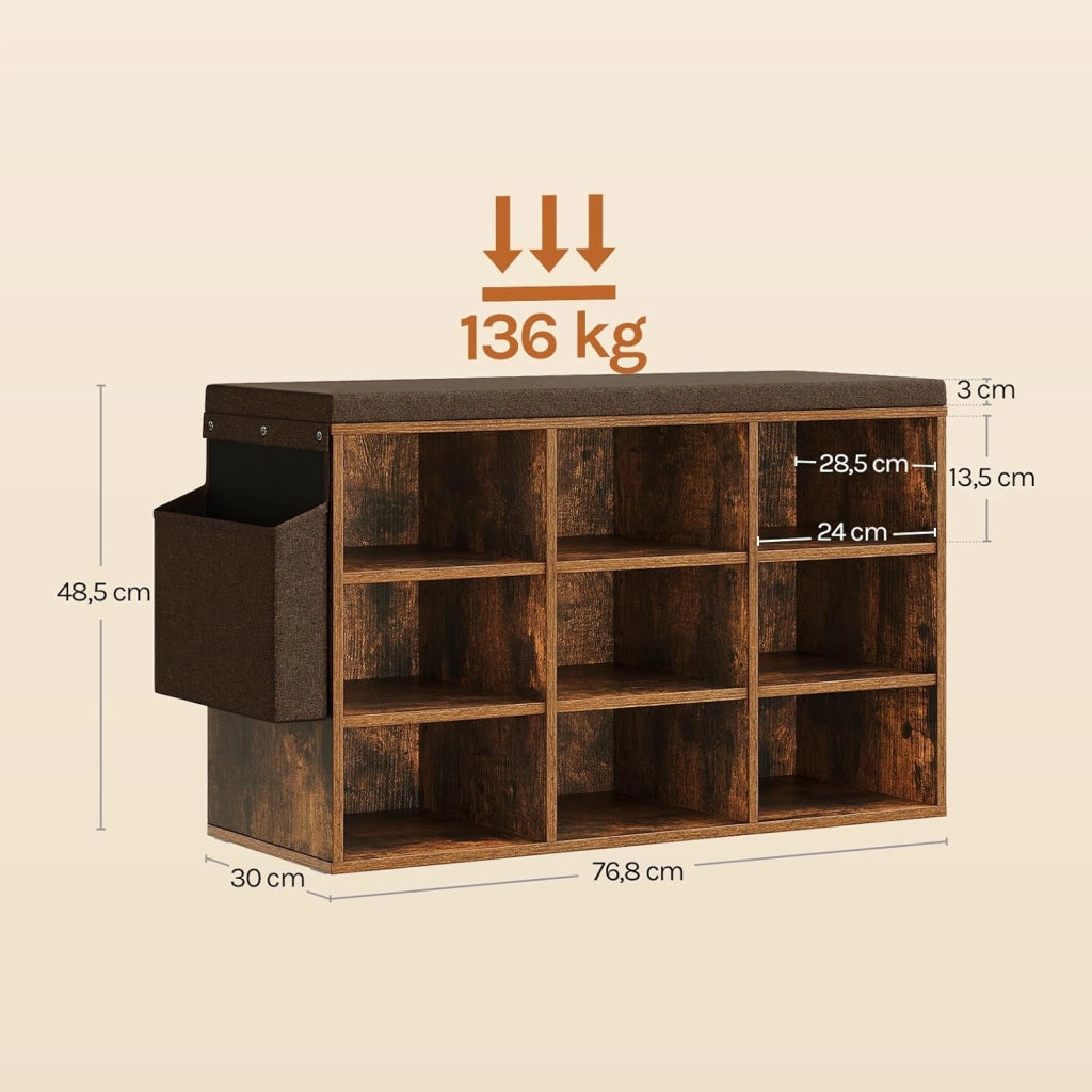 WOLTU Panca Scarpiera da Ingresso, Scaffale Porta Scarpe a 9 Scomparti con Seduta Imbottita, Mobile da Ingresso Salvaspazio in Legno, Marrone Rustico+Marrone, 76,8x30x48,5 cm