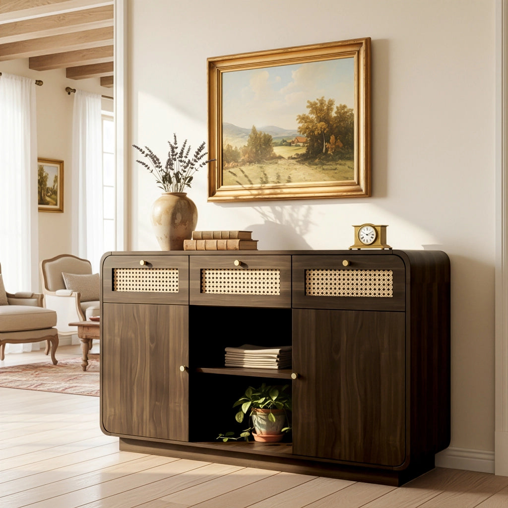 Mobile TV lussuoso - Zephmum - 120x40x85 cm - Nussbaum - Schubladen, Rattan, Goldgriff, h?henverstellbar