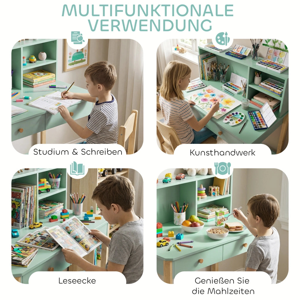 Scrivania per bambini con cassetti e scaffale ¨C zephmum ¨C Verde 90x52x105 cm