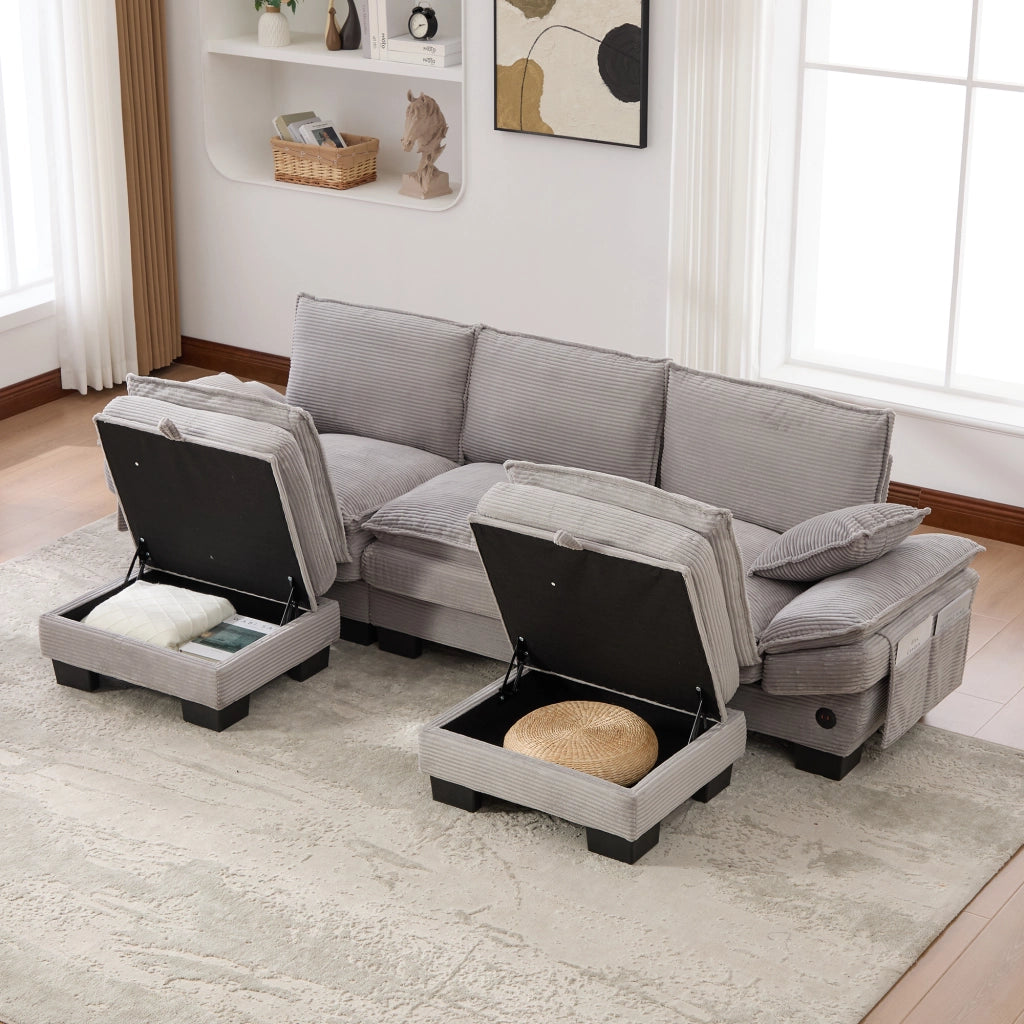 DIVANO 3 posti con 2 hocker, set da 3 pezzi, 260 x 132 x 84 cm, corduroy grigio chiaro