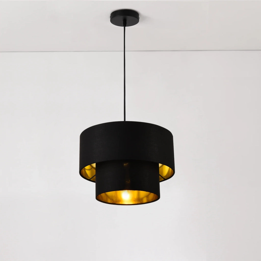 Lampada a sospensione moderna lampada a sospensione di design attacco E27 60W metallo e tessuto diametro 30cm nero e oro 03_0005261