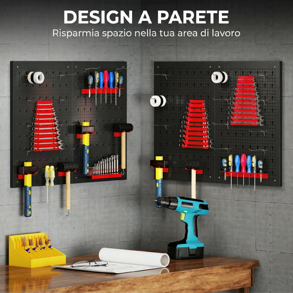 Set 4 Pannelli Porta Attrezzi da Parete in Acciaio 38pz. con 12 Supporti e 22 Ganci. Nero e Rosso
