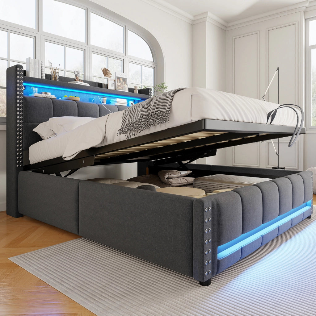 Letto matrimoniale imbottito 160x200 cm con LED, USB e contenitore