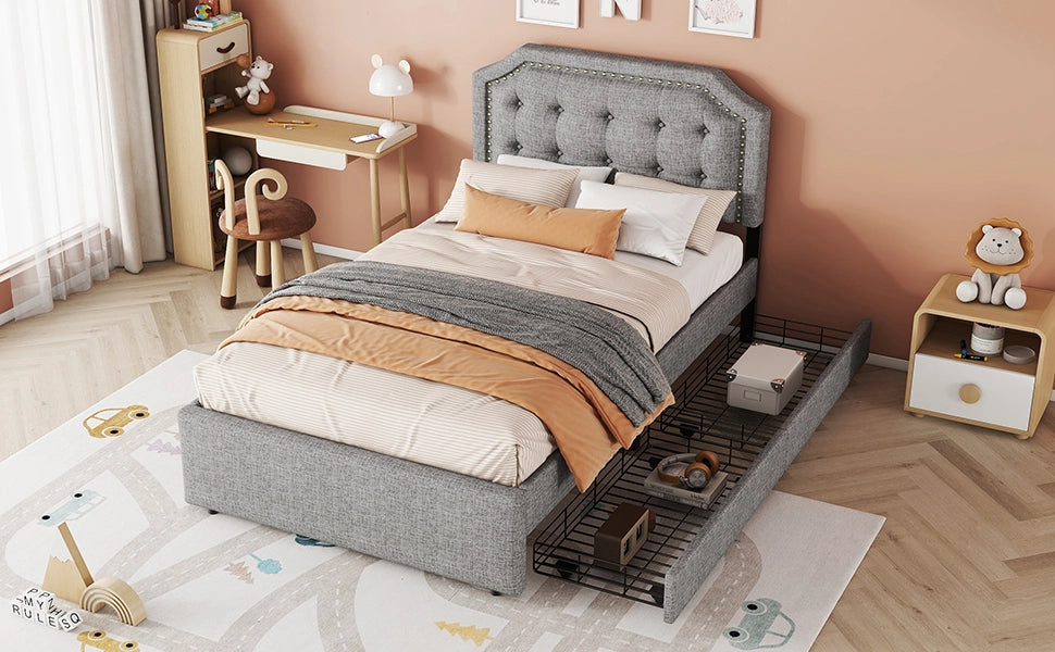 DESMIU Lit semplice 90 × 200 cm con 2 cassetti, testiera regolabile, senza materasso, in MDF e lino, grigio