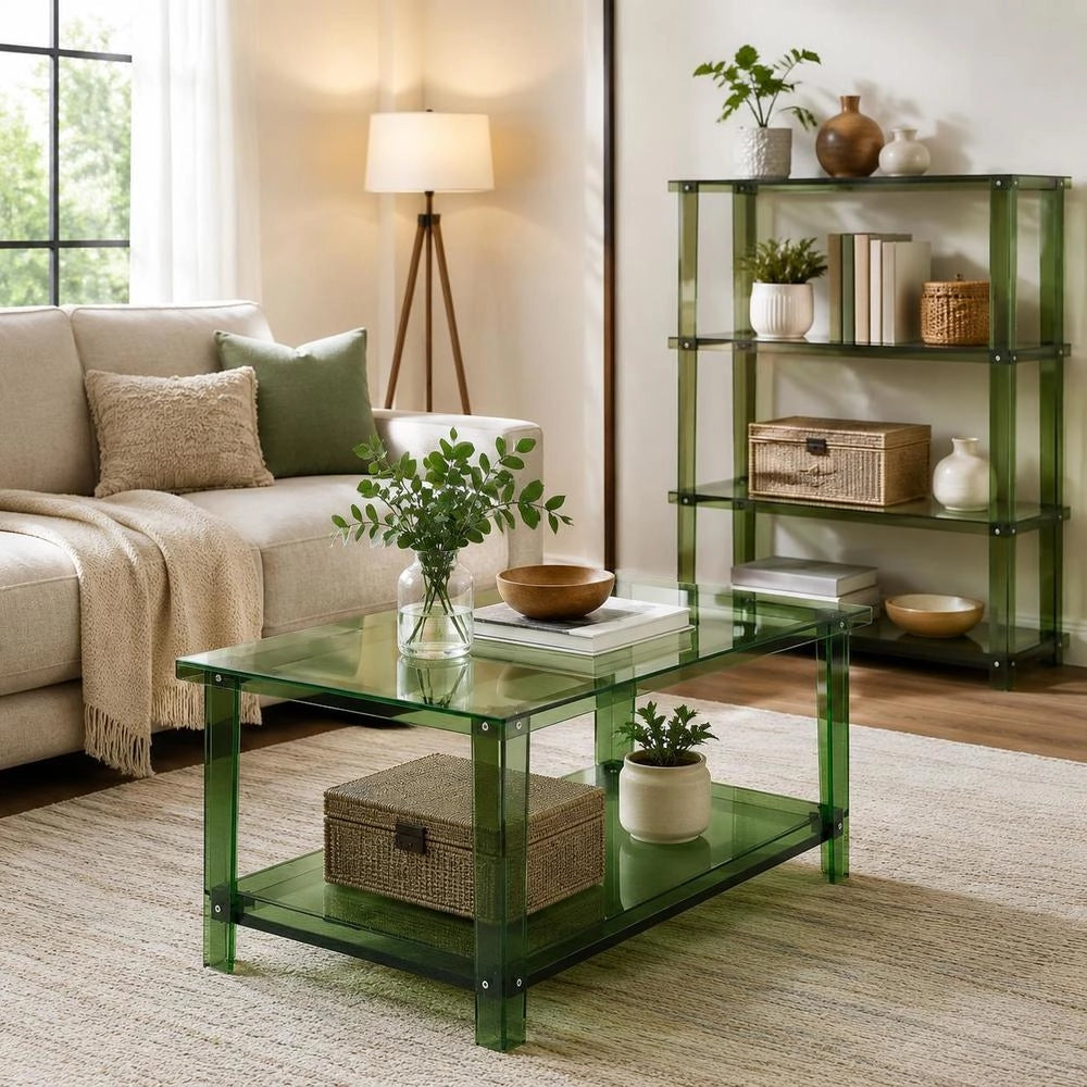 Acrylic Coffee Table, 2-tier Side Table With Storage Surface, Modern Rectangular Acrylic Table Ideal For Dining Room, Kitchen Island, Restaurant, Office, 50 X 80 X 40 Cm (Green)