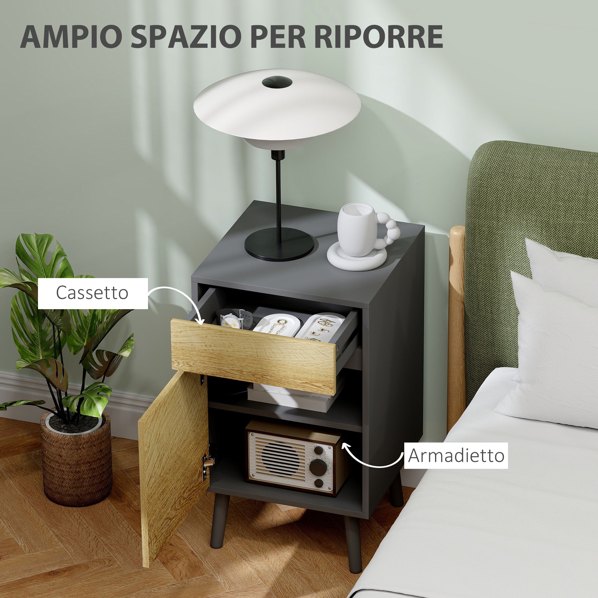 Comodino Moderno 40x39x69 cm con Cassetto e Armadietto in Truciolare Senza Maniglie Grigio Scuro e Legno