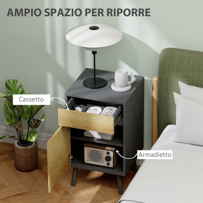 Comodino Moderno 40x39x69 cm con Cassetto e Armadietto in Truciolare Senza Maniglie Grigio Scuro e Legno