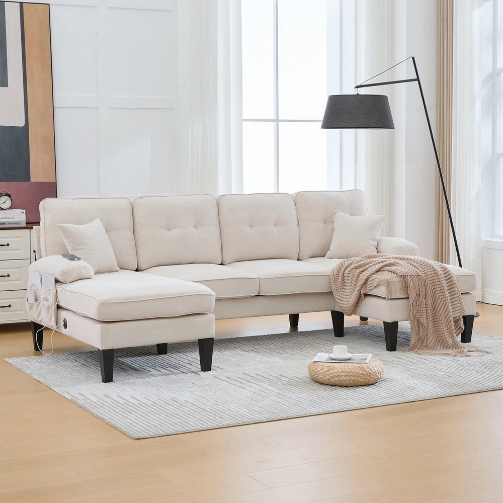 Divano angolare 4 posti con chaise longue ¨C Minimal ¨C tessuto beige imbottito con cuscini gambe stabili