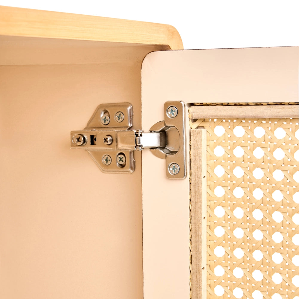 Comodino rattan sintetico fronte MDF impiallacciato treccia viennese marrone chiaro stile boho soggiorno camera da letto