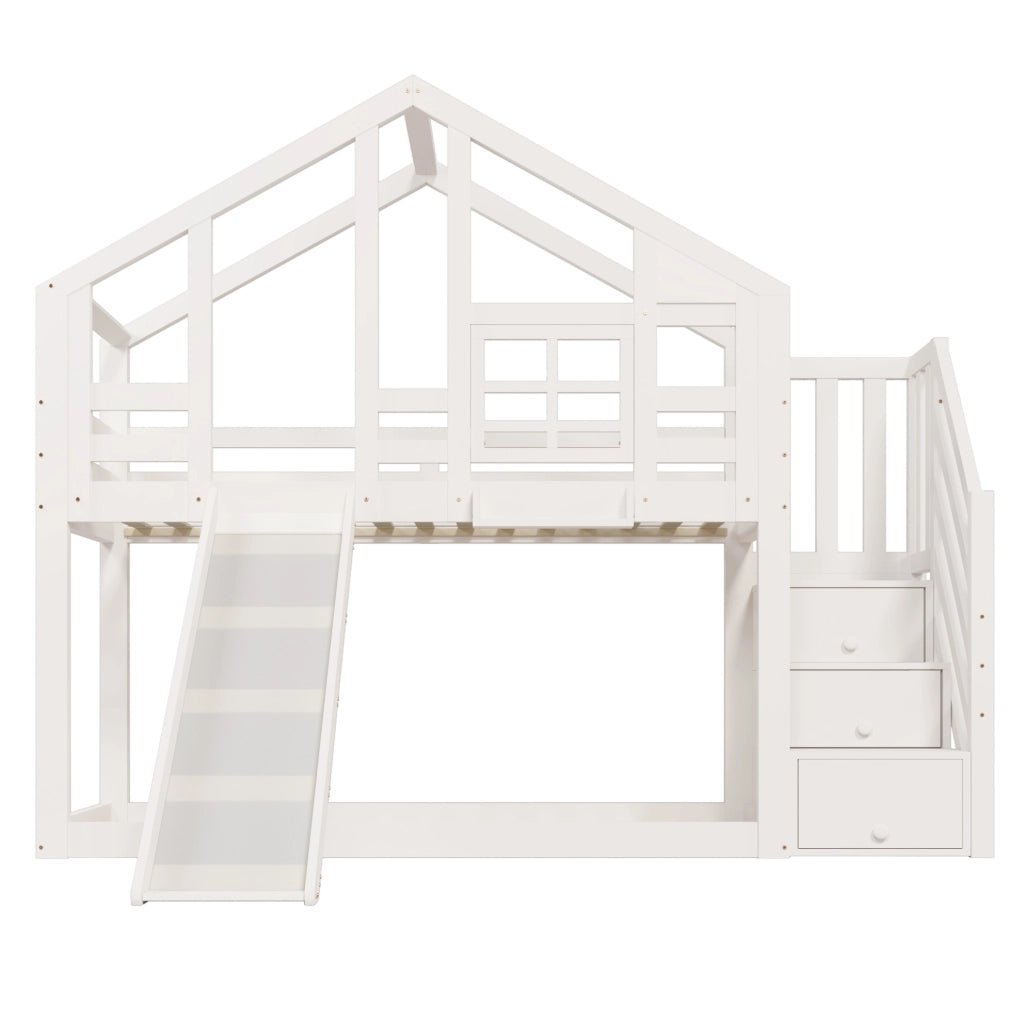 Letto a casetta per bambini 90x200 cm con scivolo e contenitore laterale, bianco