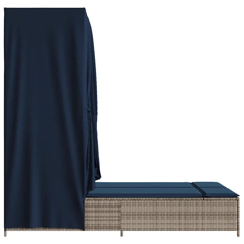 Lettino Prendisole Doppio Tetto e Tende Grigio in Polyrattan 368106