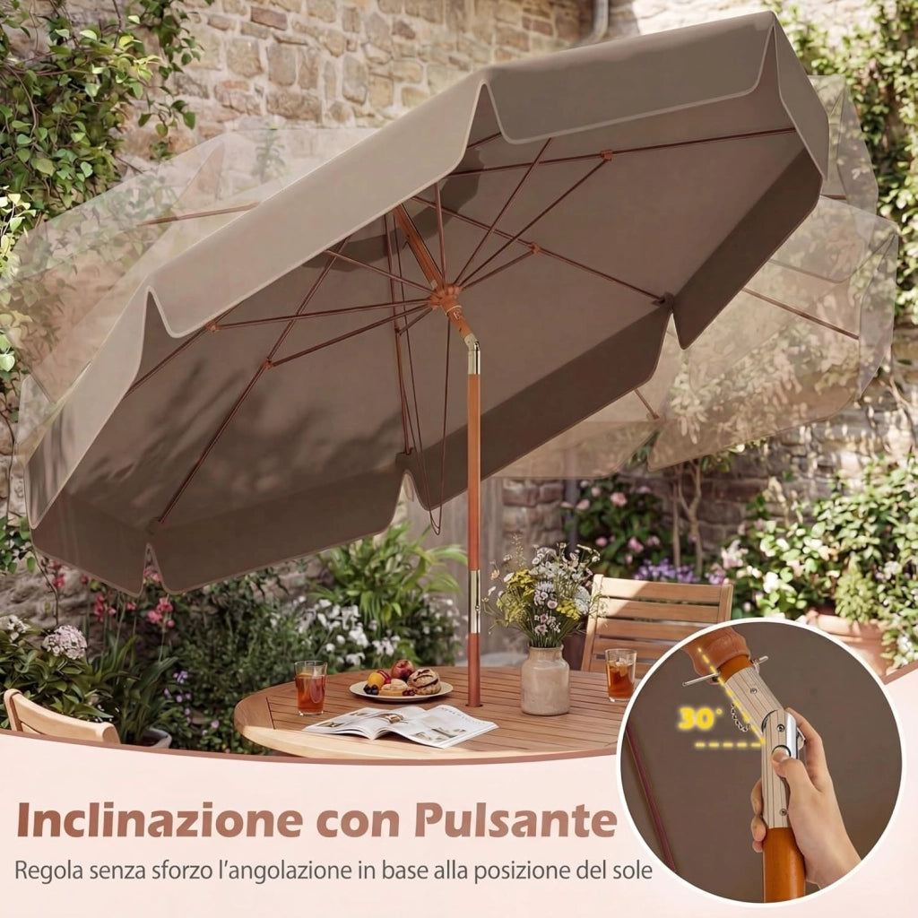 Ombrellone da Giardino 300 cm, con Inclinazione Regolabile, 8 Stecche, Ombrellone Spiaggia con Sollevamento a Carrucola, per Giardino, Spiaggia, Piscina (Marrone)