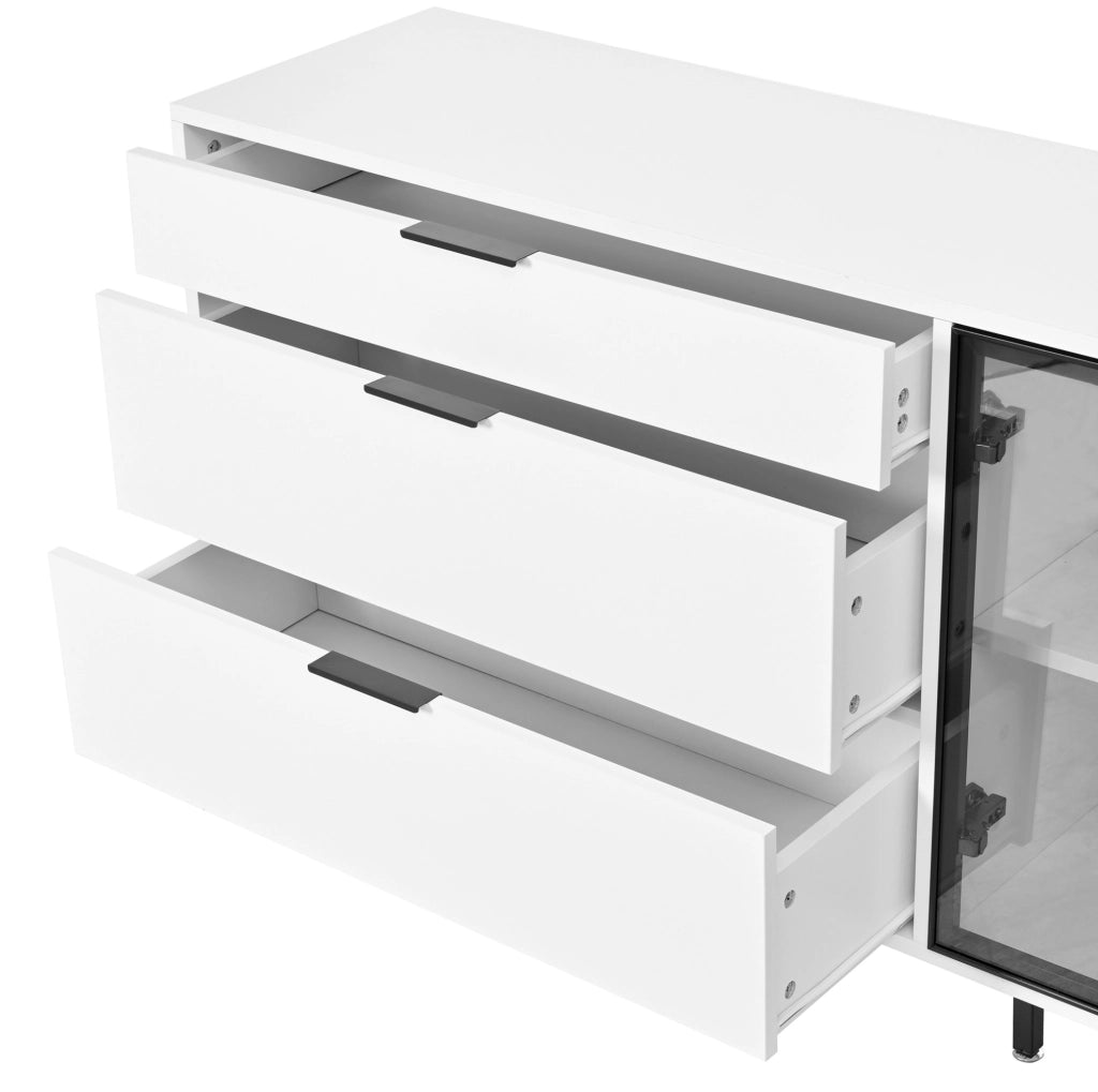 Sideboard moderno bianco con LED, vetrina e 3 cassetti
