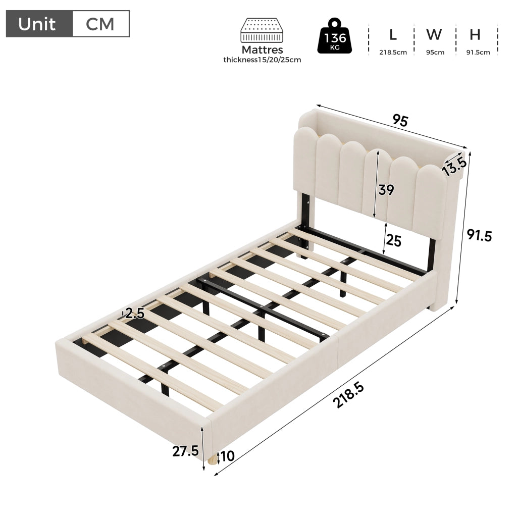 Letto per Bambini 90x200 cm; Singolo - USB; Tipo C e Lampada da Lettura - in Velluto Beige