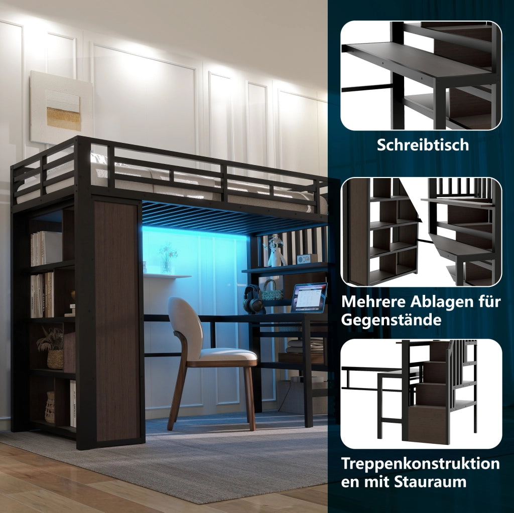 Letto a soppalco 90x200 cm con scrivania, LED e ripiani