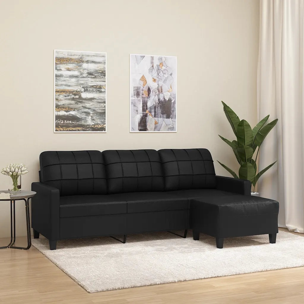 Divano | Divano da soggiorno | Sofa a 3 Posti con Poggiapiedi Nero 180 cm in Similpelle