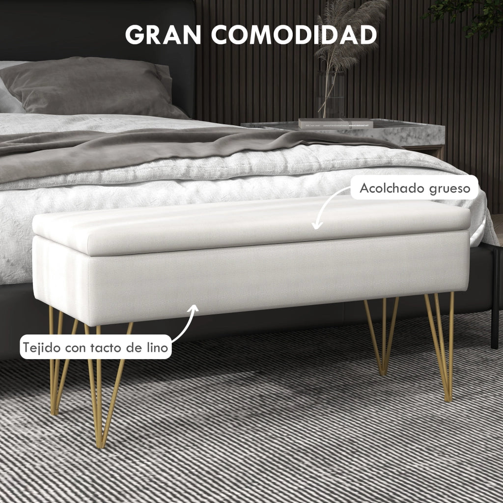 Pouf contenitore per camera da letto ¨C Xylo ¨C tessuto lino sintetico crema con pied in acciaio