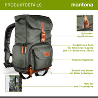 Mantona Luis junior Retro Zaino fotografico verde, per fotocamera con copertura antipioggia, borsa fotografica con scomparto per laptop, DSLR, 3 obiettivi e accessori fotografici
