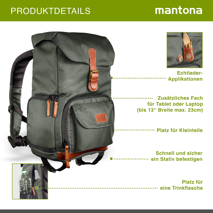 Mantona Luis junior Retro Zaino fotografico verde, per fotocamera con copertura antipioggia, borsa fotografica con scomparto per laptop, DSLR, 3 obiettivi e accessori fotografici