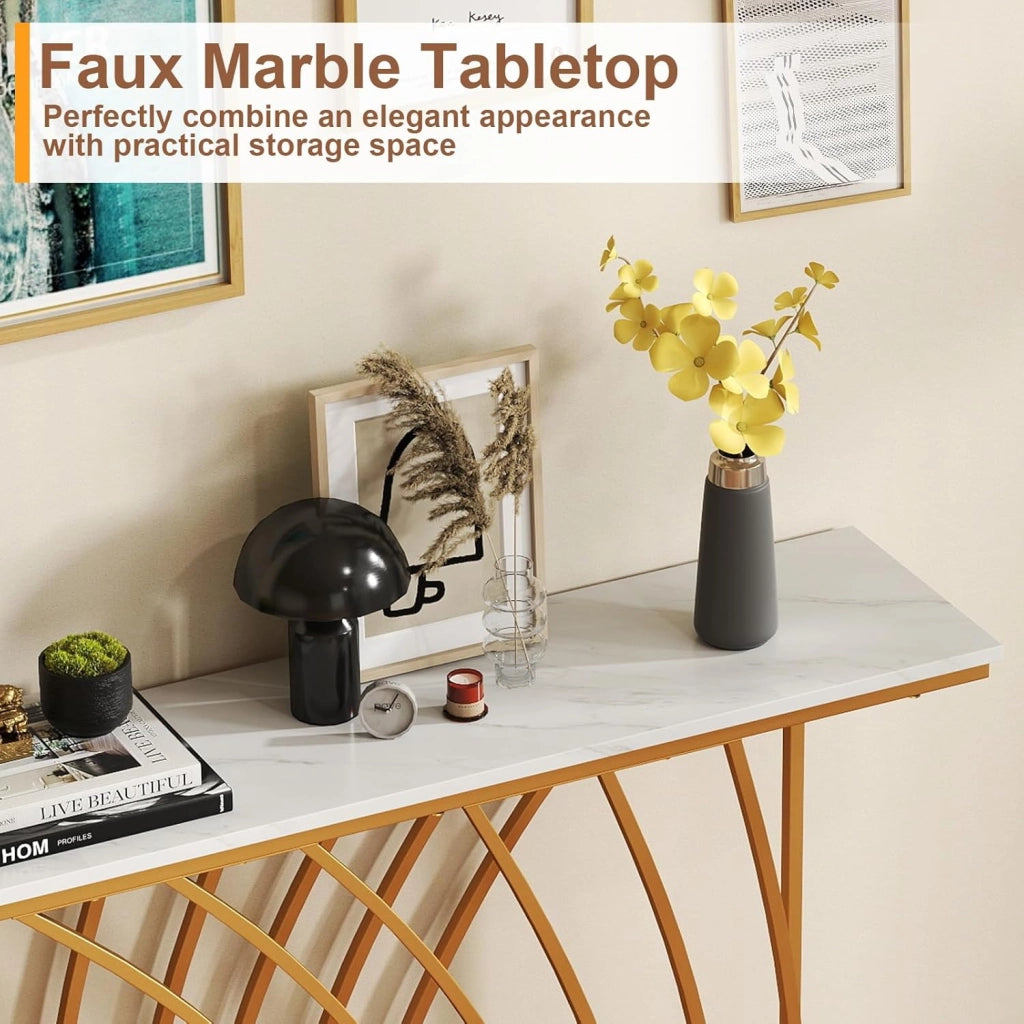 Tavolo da Console Ingresso Moderno con Piano in Finto Marmo, Struttura Geometrica in Metallo Dorato, 120 x 30 x 80 cm, Oro e Bianco