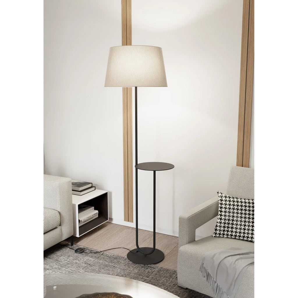 Piantana 1 Luce Horus Paralume In Tessuto Beige Con Mensola In Acciaio Nero