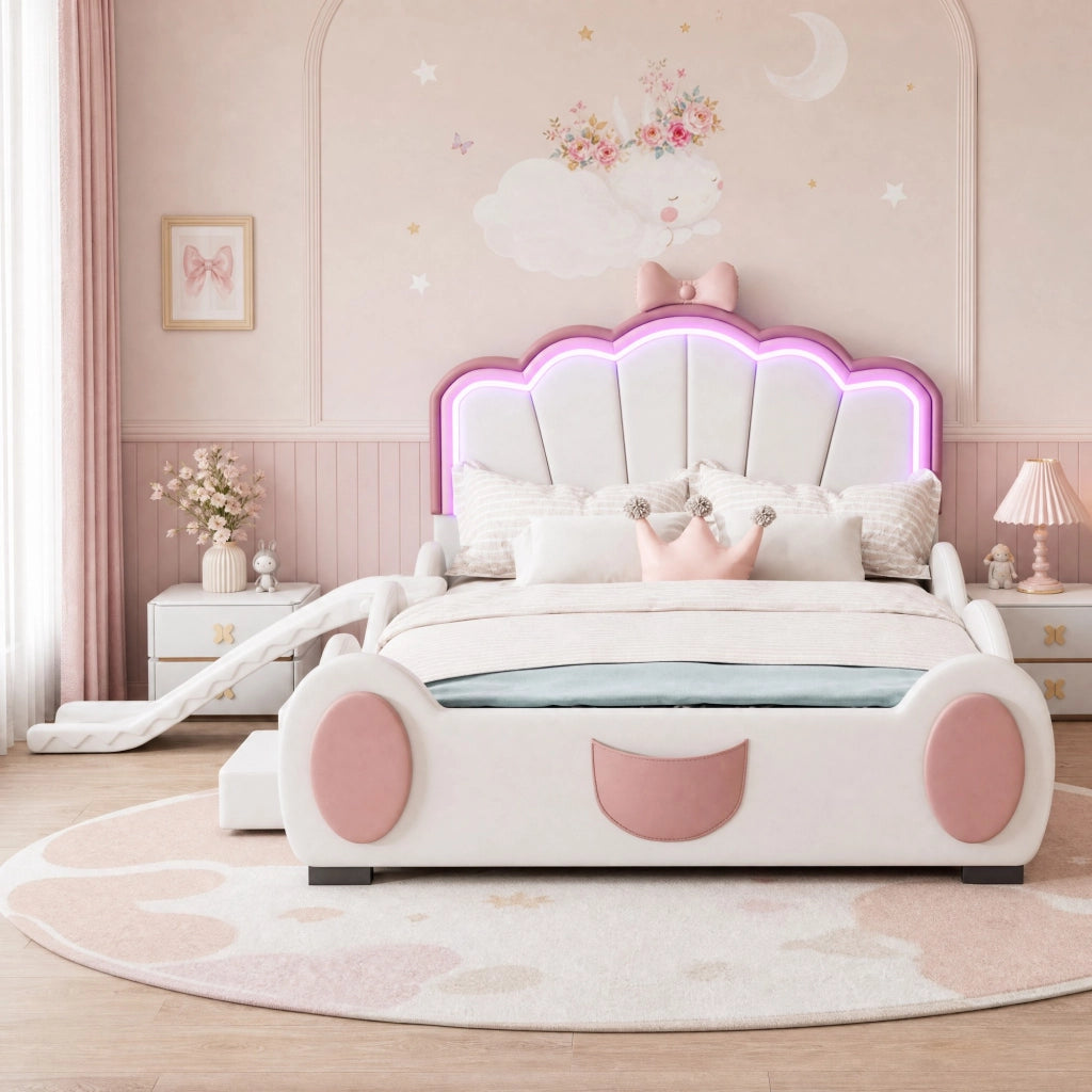 Letto per bambini 140x200 cm a farfalla con LED e scivolo