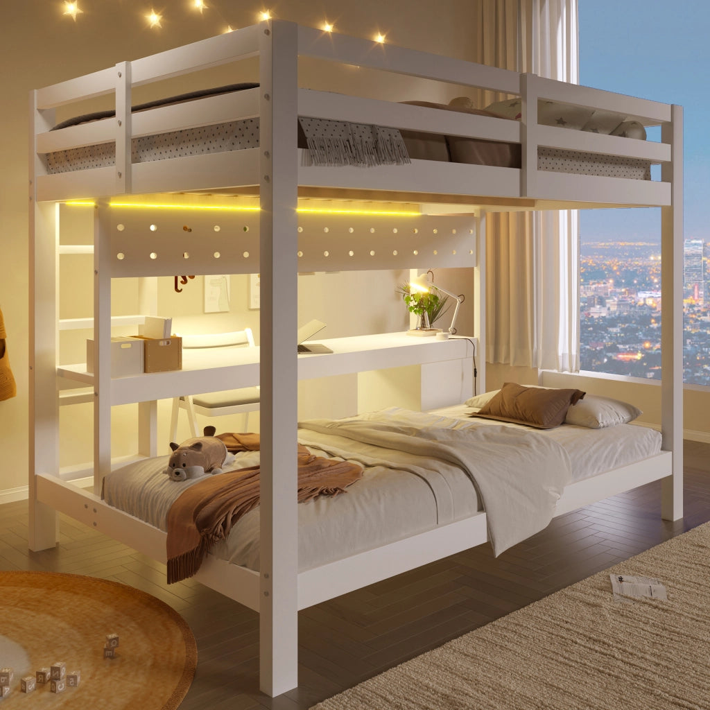 LETTO a castello con scrivania e cassetti 140x200/90x200 cm Legno di pino Bianco