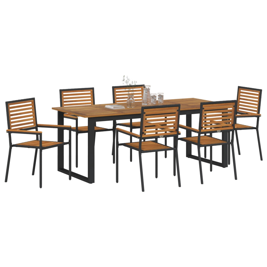 Set da Pranzo da Giardino da 7 Pezzi in Rattan Poliestere Nero e Acacia
