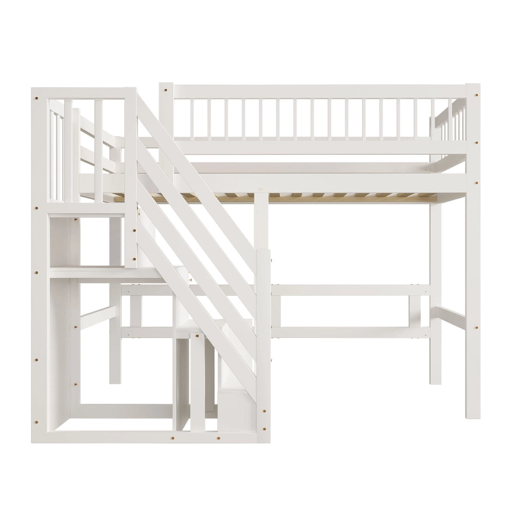 OKWISH Letto Bambino 90×200 cm, Letto Singolo con Scala Contenitore e Sponde Alte, senza Materasso, in Legno, Bianco