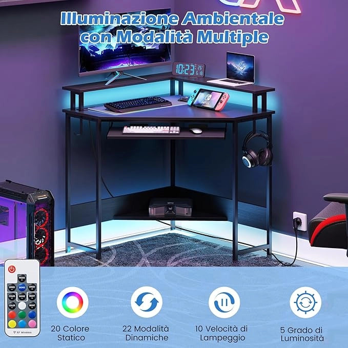 Scrivania per Computer, Scrivania Gaming Triangolare con Stazione di Ricarica, LED, Vassoio per Tastiera e Supporto per Monitor, 80 x 80 x 88 cm, Desk Salvaspazio con Ganci e Scaffale (Nero)