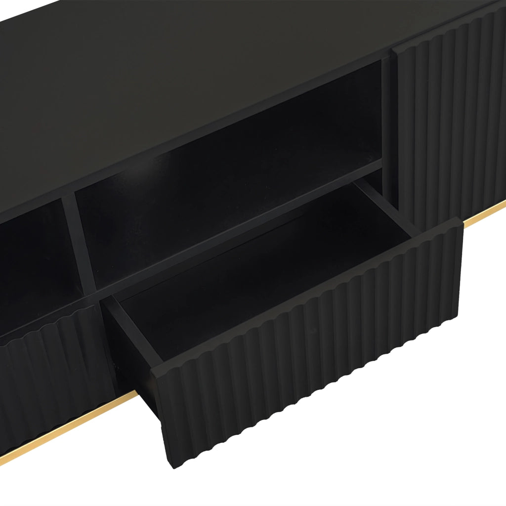 Mobile TV 165x36x55 cm; 2 vani e 2 cassetti con apertura a pressione; pannello truciolare nero e oro