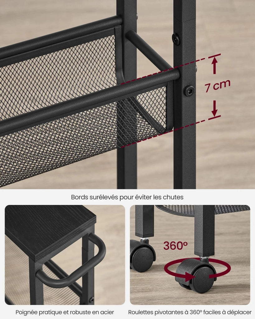 Carrello di servizio ripiano portaoggetti mobile design sottile ruote girevoli a 360° struttura in metallo per cucina soggiorno ufficio marrone rustico e nero 12_0005293