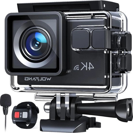 Fotocamera Action 4K 30FPS 20MP WiFi - Fotocamera per Casco Subacquea 40M Impermeabile - Videocamera EIS Telecomando 2.4G Mic Esterno - 2x Batterie 1050mAh e Accessori di Montaggio Cinture per Cani