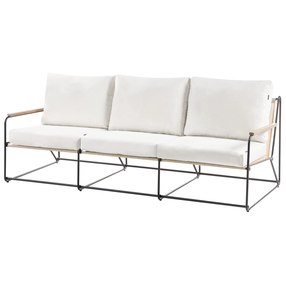 Set divani da giardino nero e beige in acciaio verniciato a polvere a 5 posti con poltrone Cuscini Due tavolini Set da esterno dal design moderno