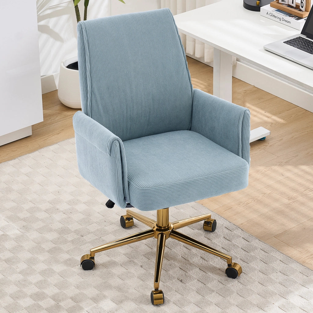 Sedia da ufficio girevole con schienale ergonomico e braccioli, cuscino in memory foam, base in metallo dorato blu