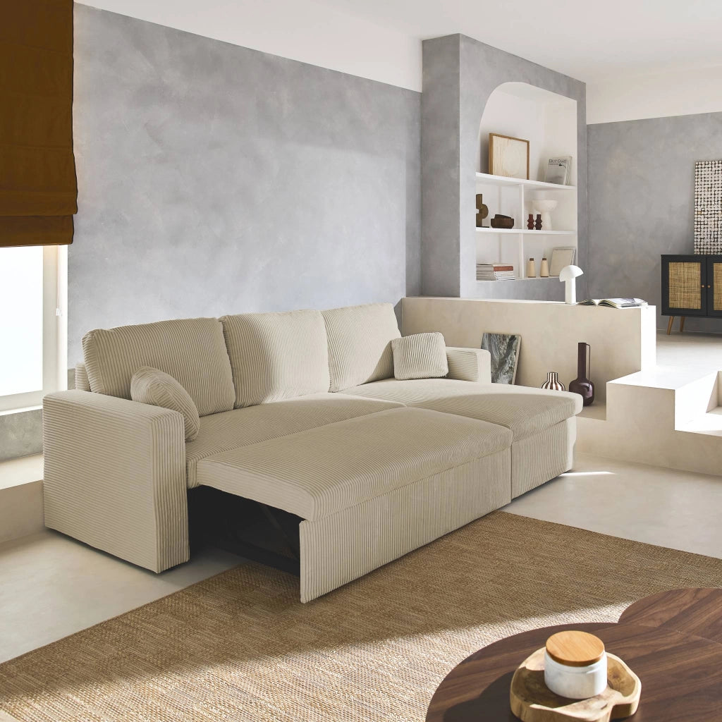 Divano letto angolare reversibile, 3 posti, beige grigio